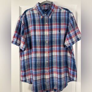 Men’s Classic 100% Linen Ralph Lauren Short Sleeve Plaid Button Down Shirt